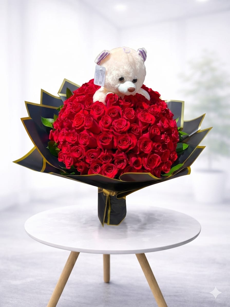 Bouquet de 100 Rosas + Oso de Peluche