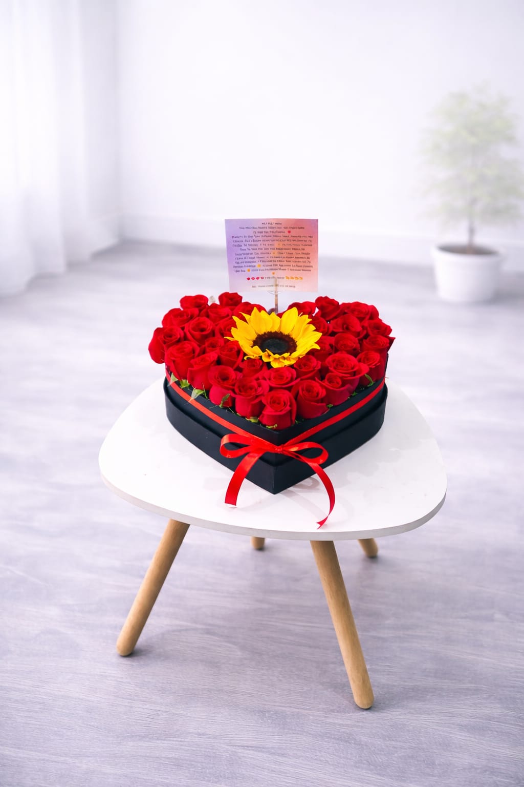 Caja Corazón 36 Rosas + Girasol Mini