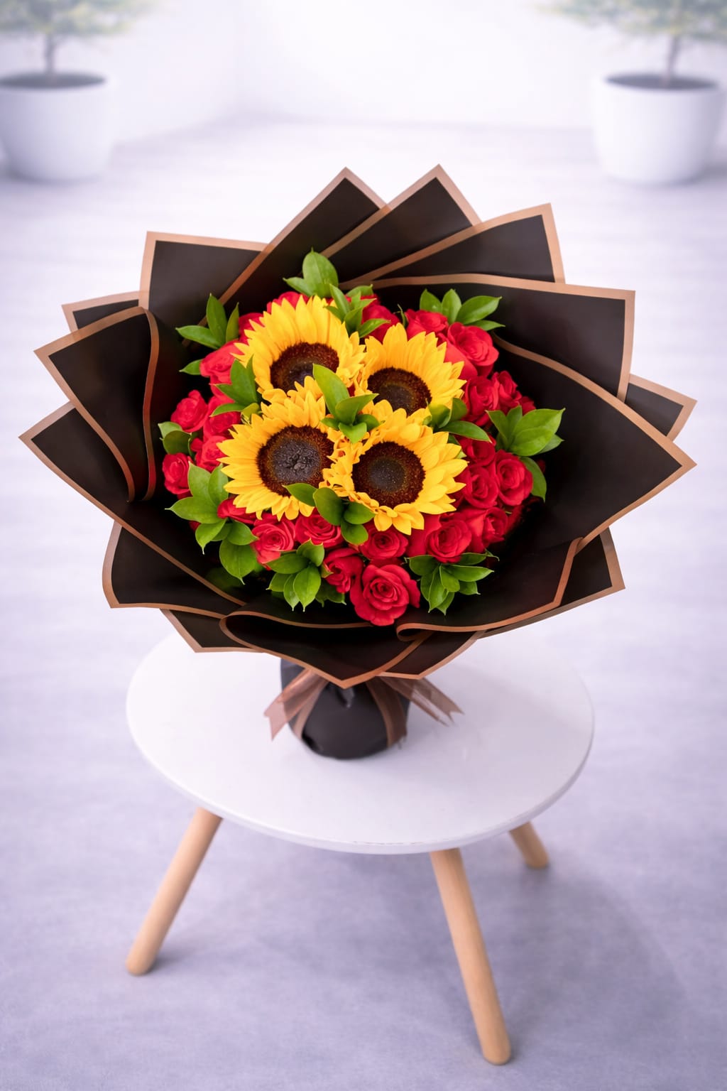 Bouquet 25 Rosas + 4 Girasoles Envoltura en Papel Coreano