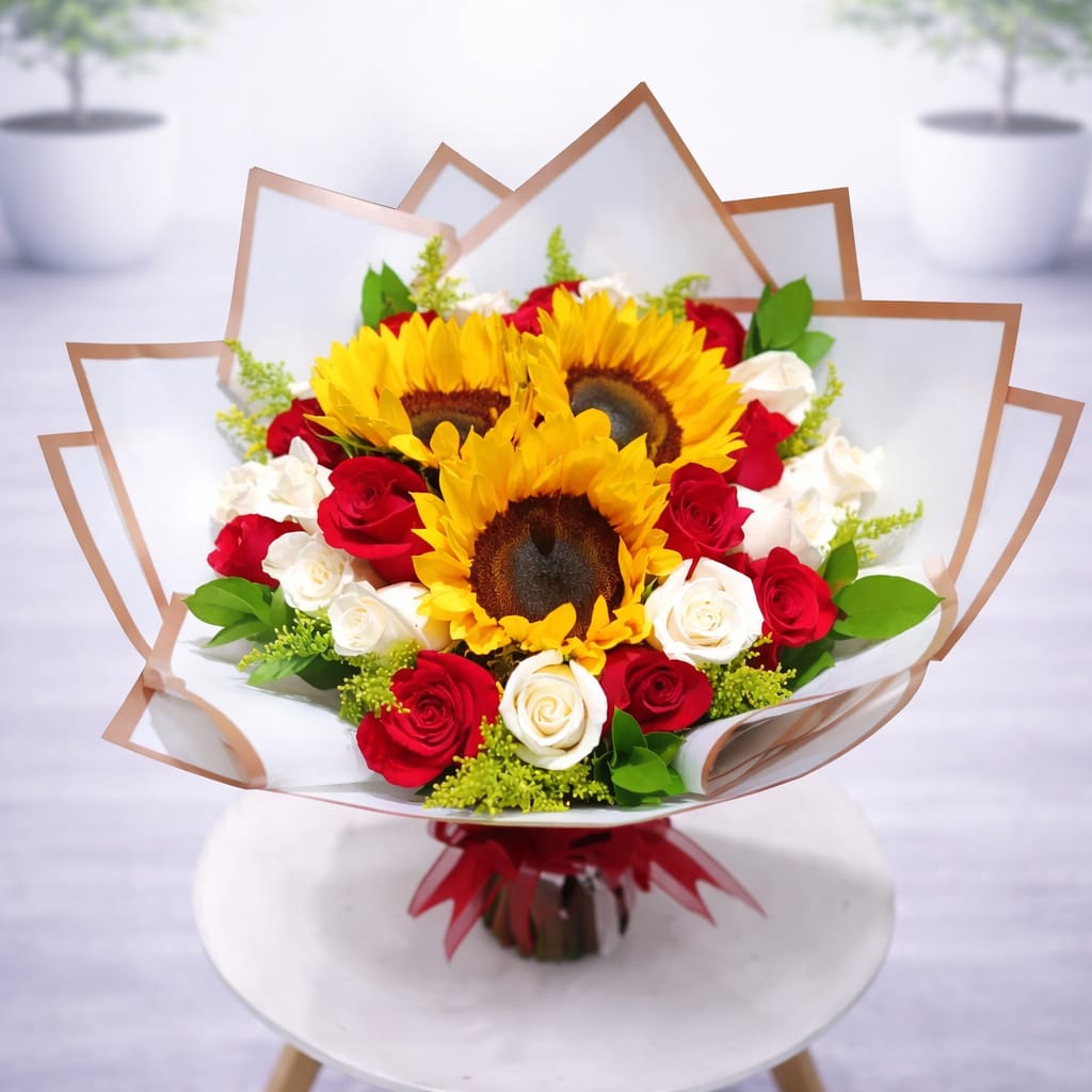 Bouquet 25 Rosas + 3 Girasoles Envoltura en Papel Coreano